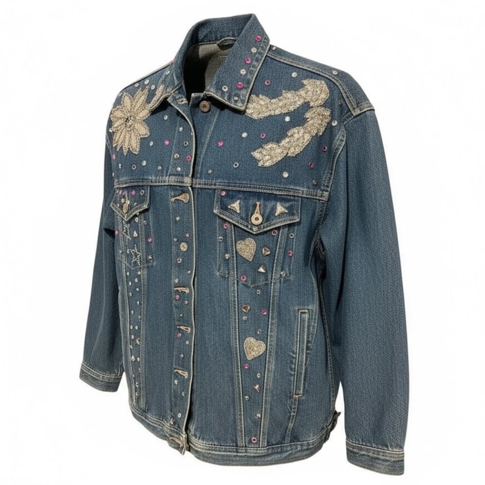 Vintage Britannia Denim Jacket Women’s L Rhinestone Sequin Embellished Y2K